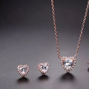 Rose gold necklace heart earring ring 2 PC set cubic zirconia love jewelry